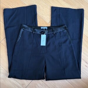 Black Wide-Leg Trousers with Leather Trim